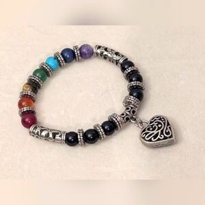 Multi Gemstone Silver Heart Charm Beaded Stretch Bracelet. 6.5 "